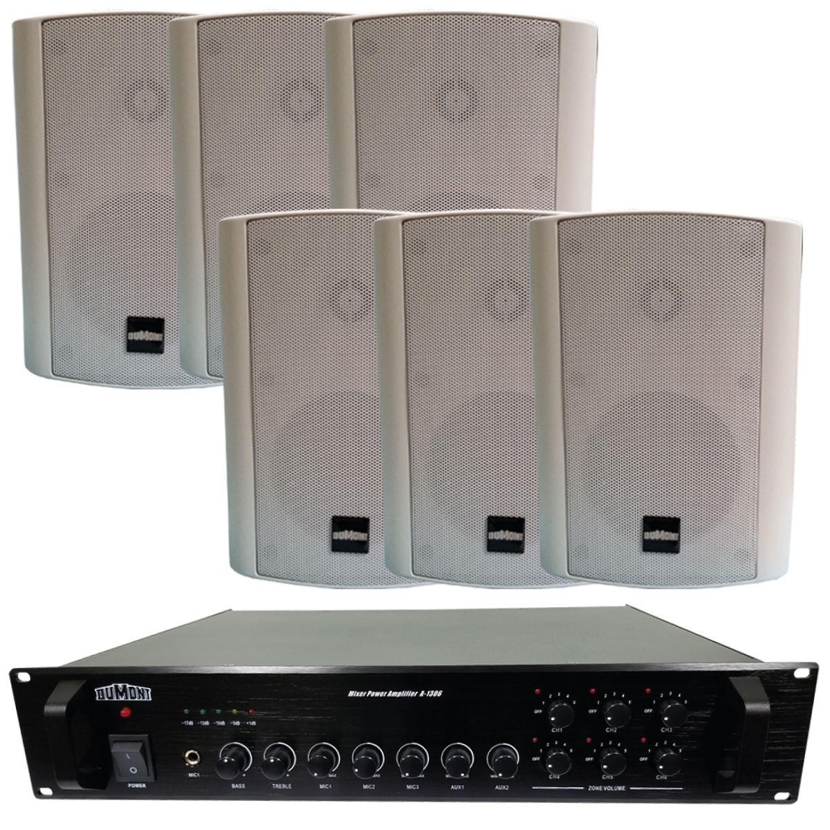 Combo Audio Funcional 3: Amplificador A1306+ 6 Bafles 4" Blanco