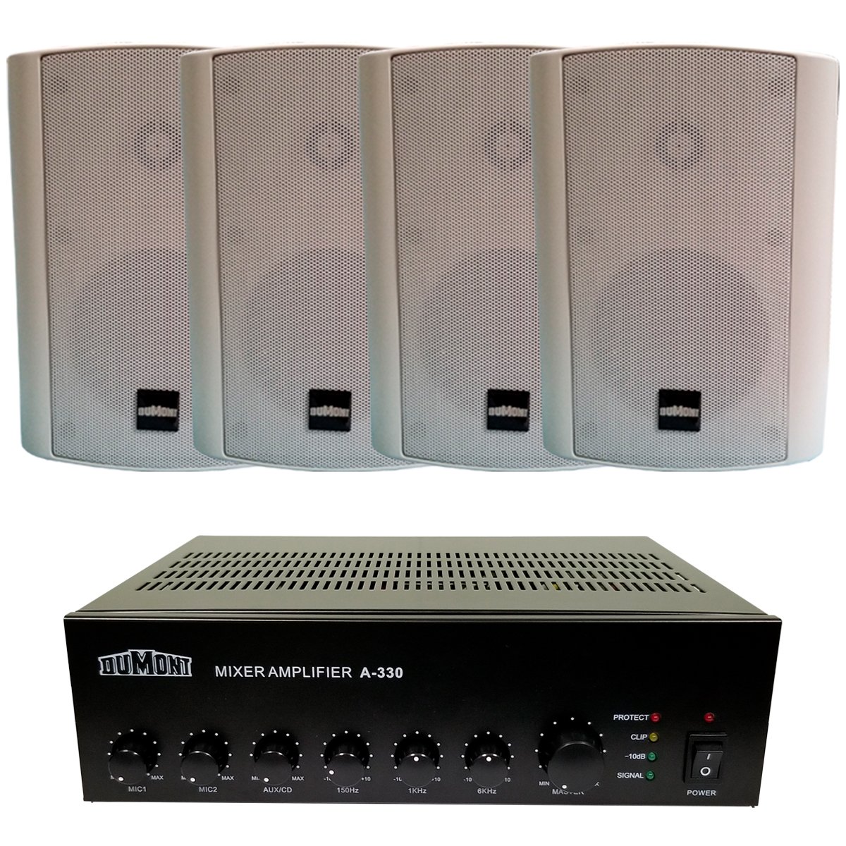 Sistema Musica Funcional Dumont Amplificador A330 + 4 Bafles B4 Blancos