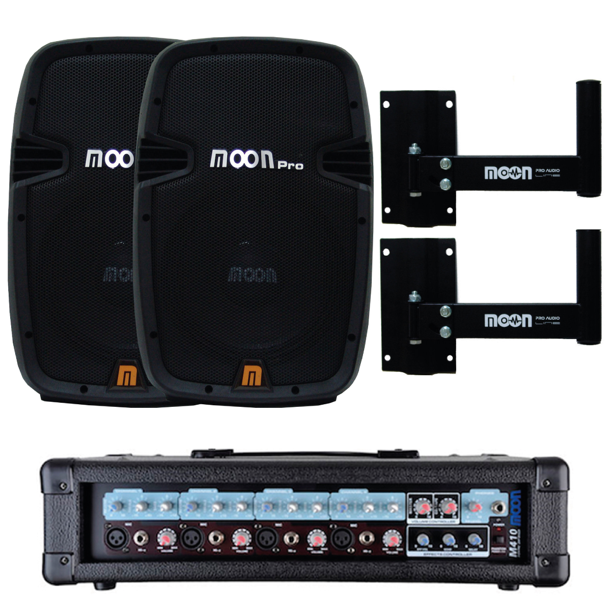 Combo eventos 3: consola 4ch + 2 bafles 8" + soportes de pared